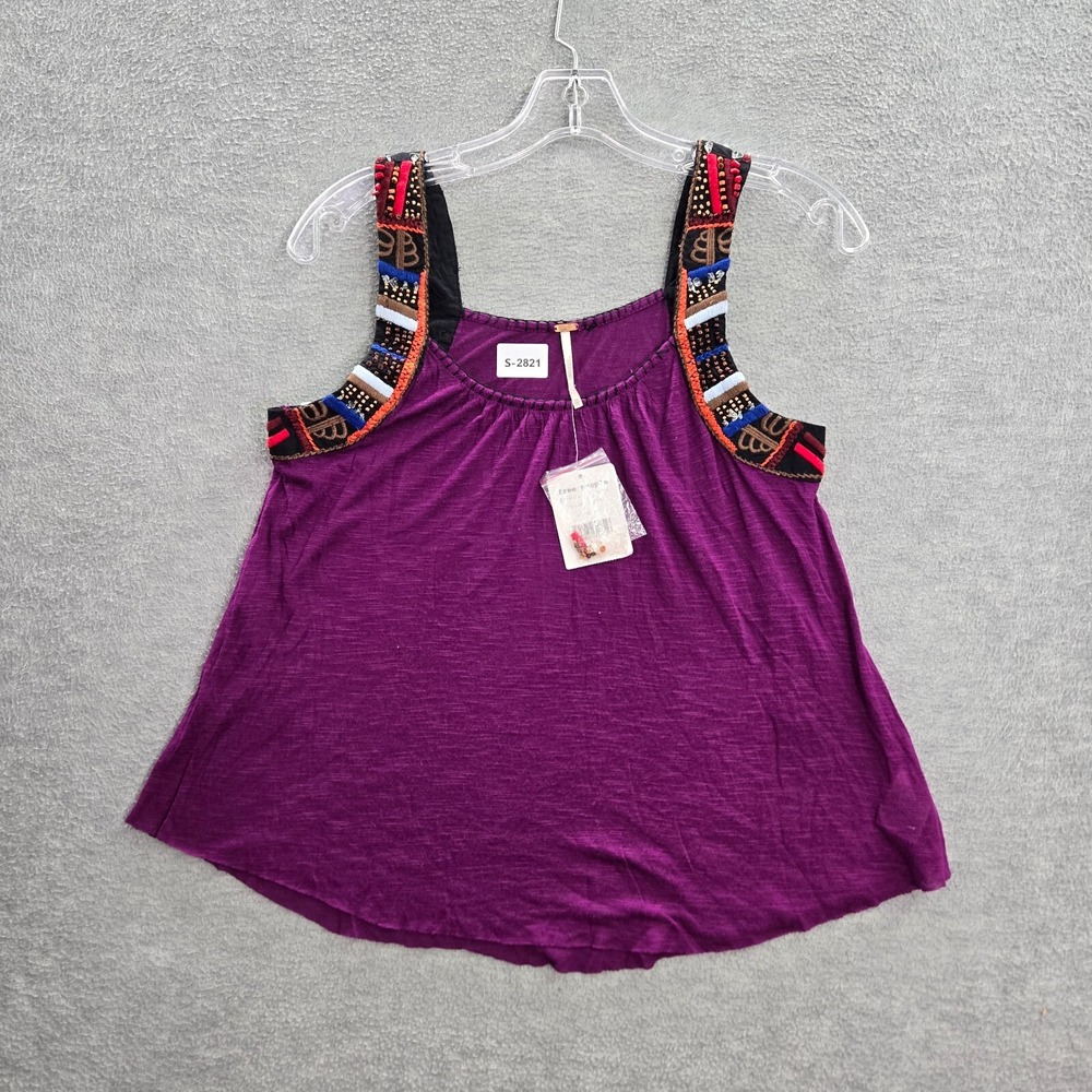 Free People Women Tank Top XS Purple Plum Lush Boho Beaded Embroidered NWT